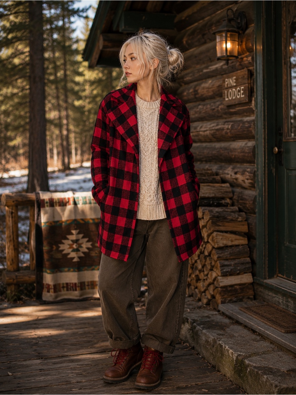 FIELD FLOWER Fall Wool Red and Black Buffalo Plaid Hooded Cardigan/Jacket, M